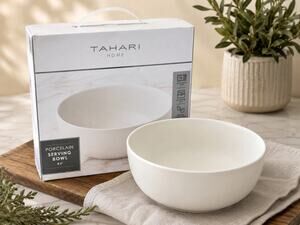 Tahari Home Porcelain Serving Bowl – 8.5” White Round Bowl – Microwave safe